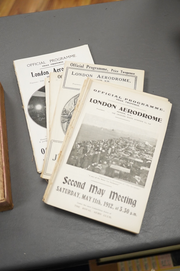 A collection of twenty early 20th century London Aerodrome, Hendon, Official Programmes, dated from the 11th May 1912 through to the 2nd November 1912, together with a Chad Valley ‘The Aerial Derby’ board game, Kompactum